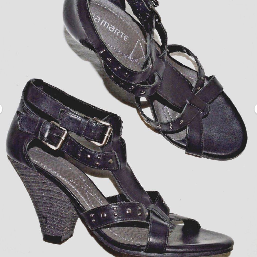 VIA MARTE SZ 8 M 39 BLACK STUDDED LEATHER T STRAP SANDALS HEELS